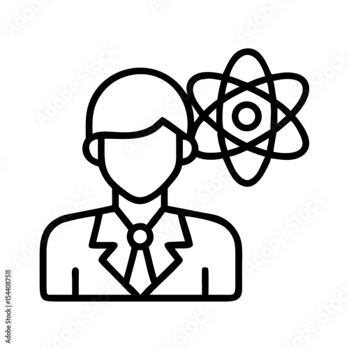 Scientist with atom model icon vector illustration, science and physics expert line art concept design