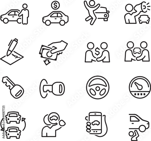 Thin line icon set of car sale automobile vehicle purchase buyer customer contract payment agreement negotiation. Pixel perfect icons, editable stroke.