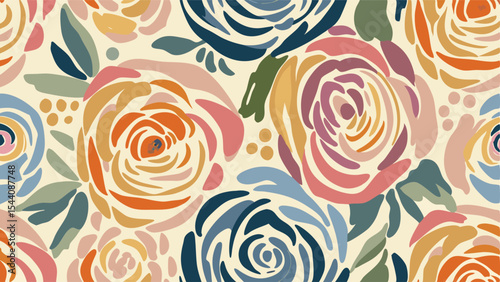 Floral pattern featuring stylized roses and leaves in a variety of muted pastel colors and shades