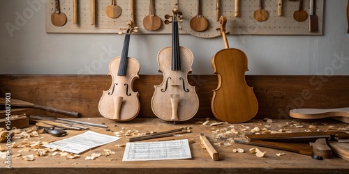 Violin workshop showcasing handmade instruments with tools and sheet music at a crafting station