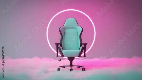 Futuristic Gaming Chair In Neon Light Surrounded By Colorful Mist And Glowing Circle In Modern Fantasy Cloudy Background