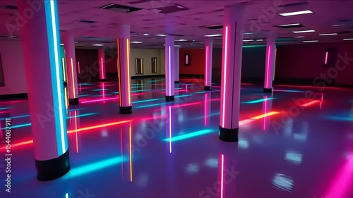Illuminated Pillars Reflecting Neon Lights in an Industrial Empty Warehouse