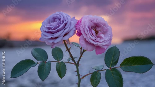 Romantic Twin Roses Blooming In Sunset Light On Sandy Beach With Beautiful Purple And Pink Petals Nature Floral Background