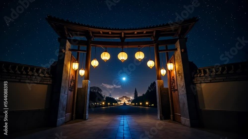 Evening gates illuminate a path under a starry sky in a serene traditional setting
