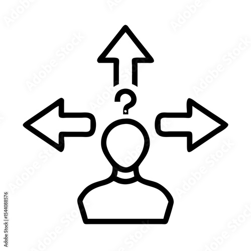 Decision making process icon with arrows and question mark concept for choice and direction strategy planning