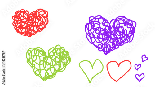 Messy chaotic doodle hearts of different colors. kids chaotic drawing. Naive style. Graphic element or decoration for design projects

