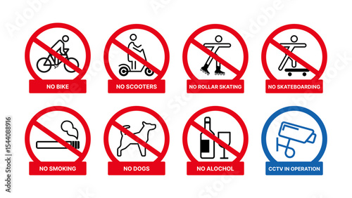 Prohibited Sign Icons Set – Biking, Scooters, Roller Skating, Skateboarding, Smoking, Dogs, Alcohol Not Allowed, with CCTV in Operation Symbol – Vector for Public Safety and Notice. Vector.