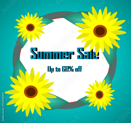 Colorful banner for summer sales with yellow flowers, round sticker and inscription - "Summer Sale. Up to 50% off"