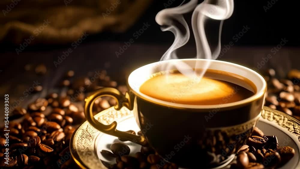 Close up of steaming hot coffee in ornate cup with dark roast coffee beans surrounding, dark background with bokeh lights.