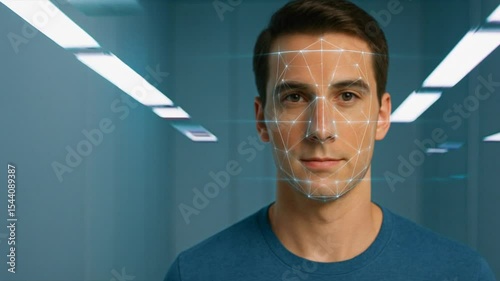 Man undergoing facial recognition scan in secure high-tech environment with digital biometric interface.
