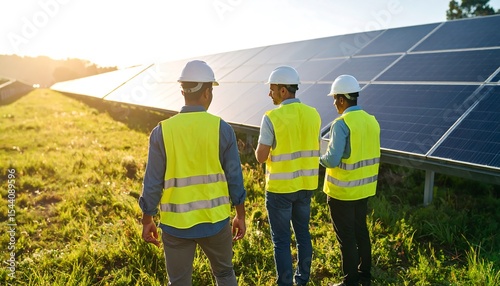 Three engineers inspect a solar park at sunset, wearing hard hats and safety vests for protection.