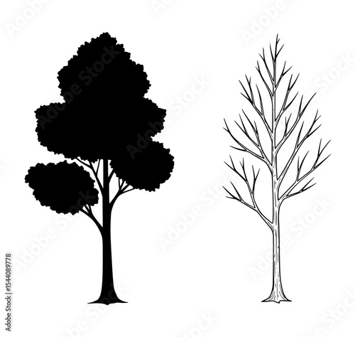 A solid black tree silhouette next to a bare, outlined tree.
