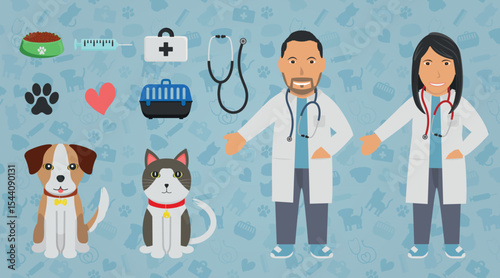 Veterinarian Illustration Set - Human Characters of Brown Man and Woman Veterinary Doctors, Pet Dog and Cat, Veterinary Items and Background.