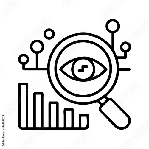 Data analysis and seo audit with eye and magnifying glass for website performance monitoring tool