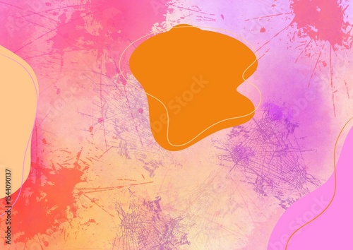 Abstract grunge background with orange blob and colorful ink splashes in pink, purple, and red modern digital texture design 