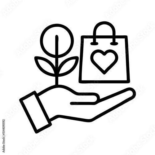 Sustainable shopping and ethical consumption concept with hand holding plant and shopping bag icon