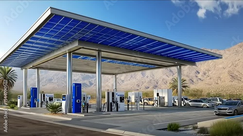 Futuristic Electric Vehicle Charging Station with Solar Panels and Mountain Backdrop