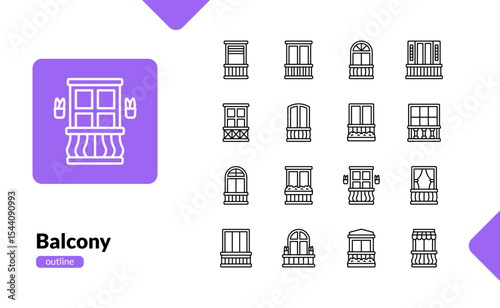 Balcony icon set with various architecture styles