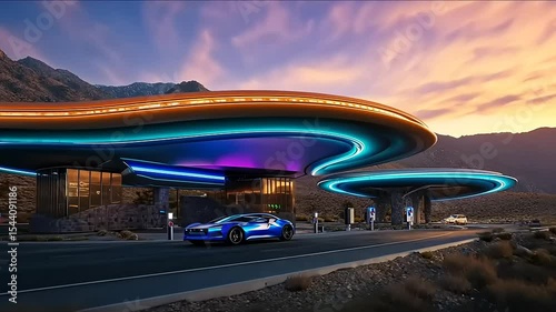 Futuristic Electric Vehicle Charging Station in Desert Landscape at Sunset