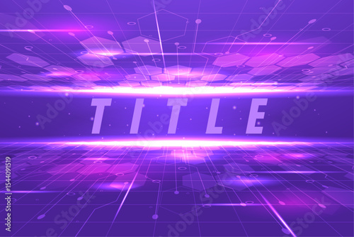 Abstract Purple Futuristic Technology Background Glowing Lines, Hexagons, and Bright Lights