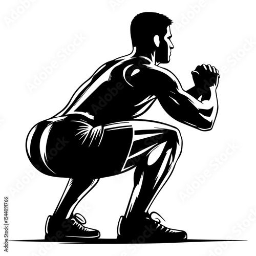 A black and white silhouette of a man leading a healthy lifestyle doing squats on a white isolated background. Vector graphics. EPS.
