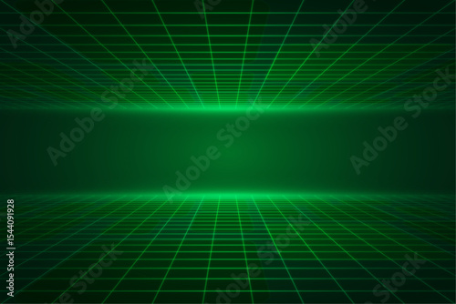 Retro Futuristic Green Grid Background Digital Art, 80s Style, Sci-Fi, Virtual Reality, Technology