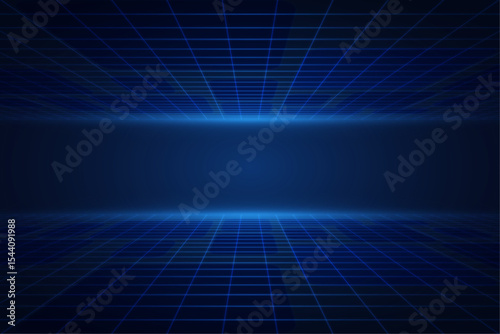 Abstract Blue Grid Background Futuristic Technology, Digital Cyberspace, Virtual Reality, Network, Data Visualization