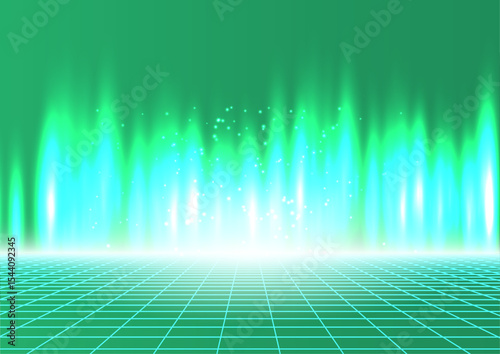 Abstract Green Neon Lights Retro Futuristic Background with Grid