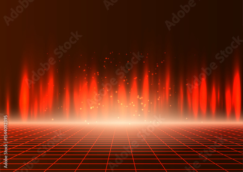 Abstract Red and Orange Glowing Energy Background with Retro Grid