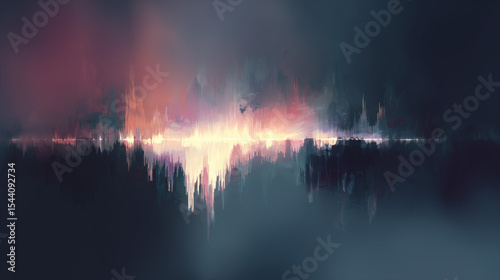 Sunset skyline with mirrored reflections and digital distortion