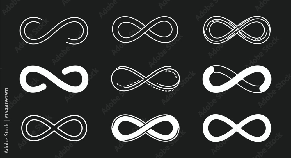 White Infinity Symbols Set on Black Background - AI Generative White Infinity Symbols Set on Black Background - AI Generative