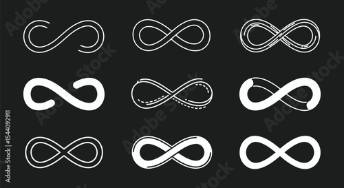 White Infinity Symbols Set on Black Background - AI Generative