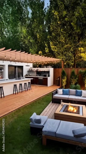 Luxury backyard patio featuring a modern outdoor living space with a fire pit, lounge seating, bar, and ambient lighting at dusk.