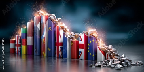 European flags crumbling and exploding showing economic crisis