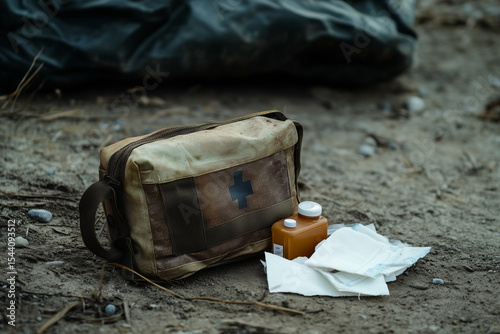A camouflage medical kit with pills and tissues on dirt ground, likely outdoors or in a rugged environment.