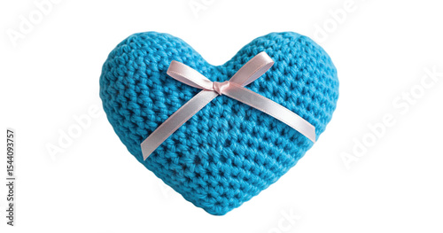 Blue knitted heart with pink ribbon bow isolated on white background – handmade romantic gift symbol for love, wedding, valentine’s day, emotional decor or craft illustration

