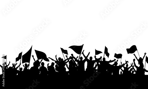 Silhouette of a crowd of supporters with flags and cheers on white background. fun and revelry. many people.