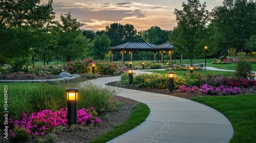 A community park with solar garden lighting installed along walkways and flower beds for safety and style