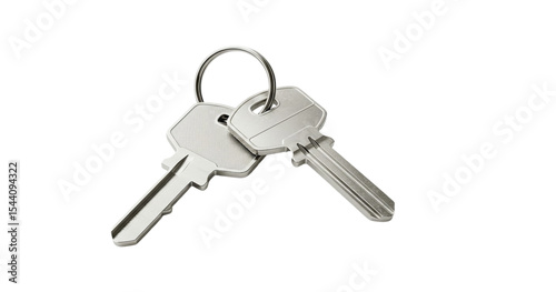 Two silver metal keys on keyring isolated on white – home or office key concept, security access, lock system or keychain design element for property or safety visuals

