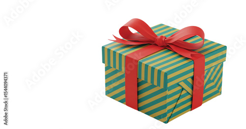 Green striped gift box with red ribbon bow isolated on white – holiday present or birthday packaging symbol for celebration, surprise, or Christmas season design

