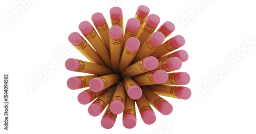 Group of sharpened pink pencils arranged in a circular bunch – school stationery, drawing or writing tools for education, art, or office use – isolated on white background

