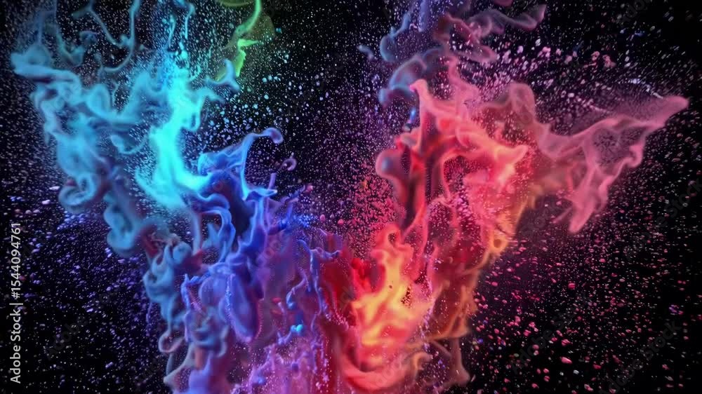 Colorful explosion of vibrant pigments in slow motion showcasing dynamics of fluid painting techniques