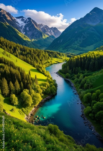 The mountains and rivers are green grass and trees in the valley