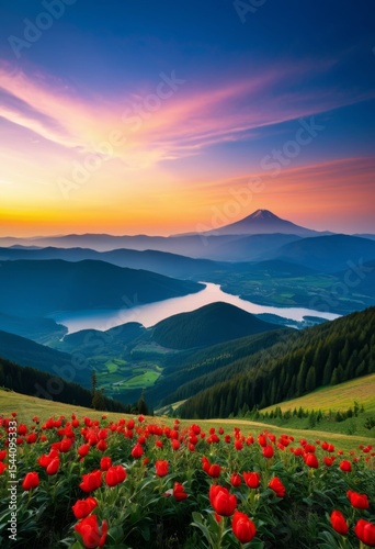Mountains and flowers in the foreground with the lake in the distance