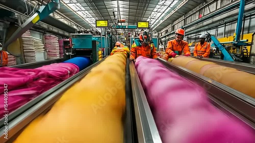 Textile Manufacturing: Workers Overseeing the Automated Production Line Process