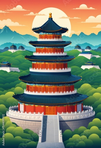 Illustration of a pagoda in a mountain landscape