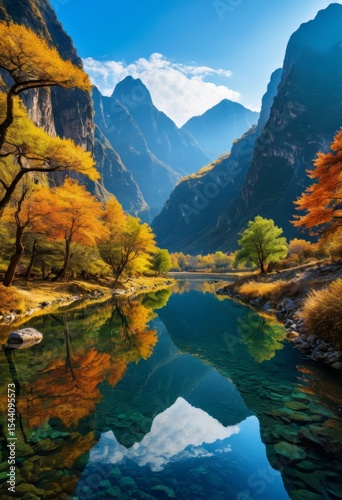 The mountain is reflected in a river in the mountain