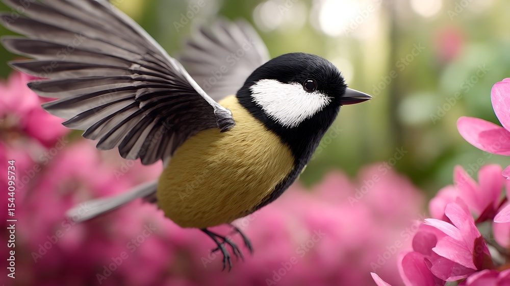 Obraz premium Charming Bird in Flight Amidst Vibrant Pink Flowers in Nature