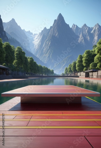 An open-air platform with mountains
