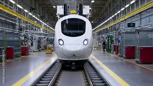 A Modern High-Speed Train Under Construction at Industrial Manufacturing Factory